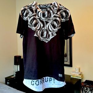 Men’s black Mesh T-shirt, size Medium, Supply & Demand NYC brand “Corrupt” print